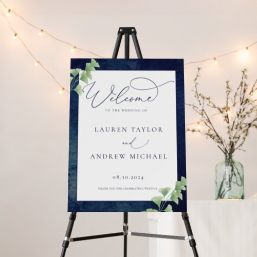 Watercolor Dark Blue Greenery Wedding Welcome Foam Board