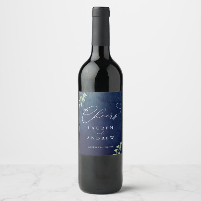 Watercolor Dark Blue Greenery Wedding Wine Label (Front)
