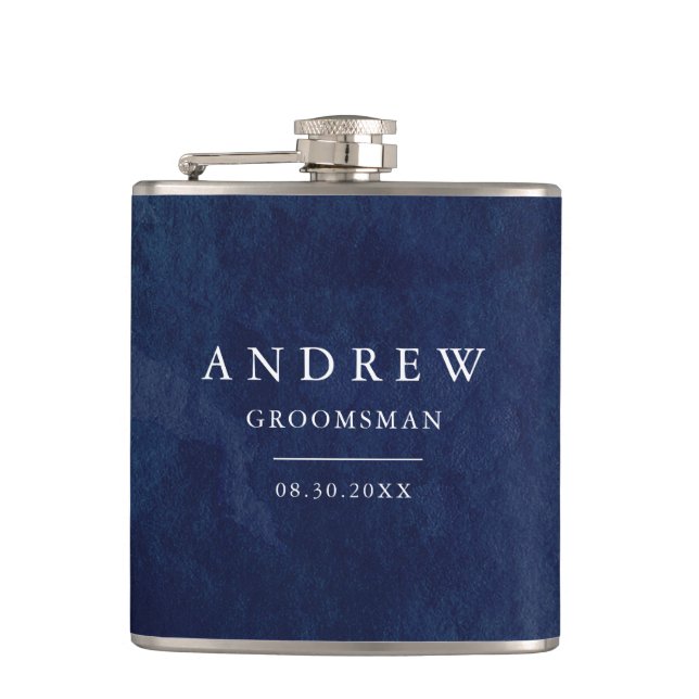 Watercolor Dark Blue Wedding Flask (Front)