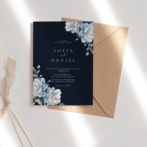 Watercolor Dark Blue Winter Floral Frame Wedding Invitation