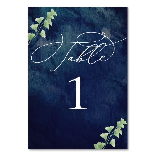 Watercolor Dark Blue with Greenery Wedding Table Number