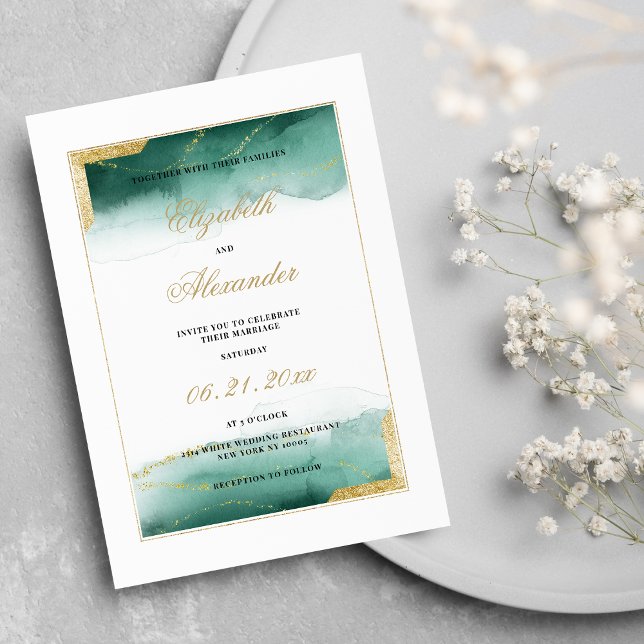 Watercolor dark green white gold glitter wedding  invitation (Watercolor dark green white gold glitter wedding)