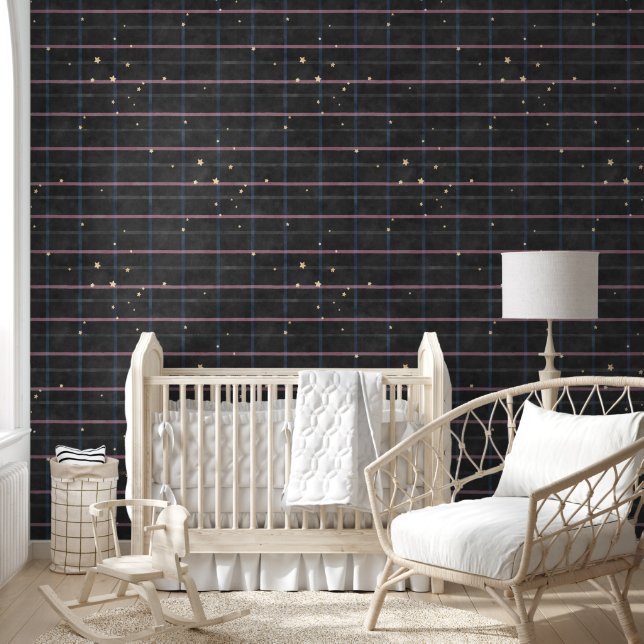 Watercolor Dark Grey Checkered with Stars Nursery Wallpaper (Kids)