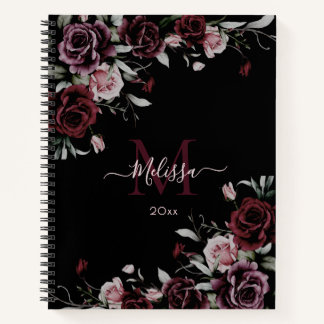 Watercolor Dark Moody Roses Monogram Black Notebook
