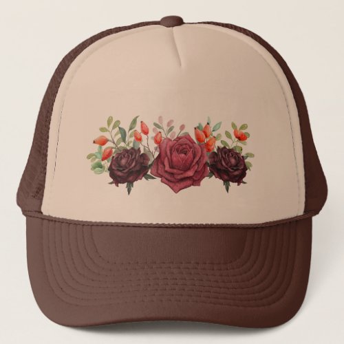 Watercolor Dark Red Roses Trucker Hat