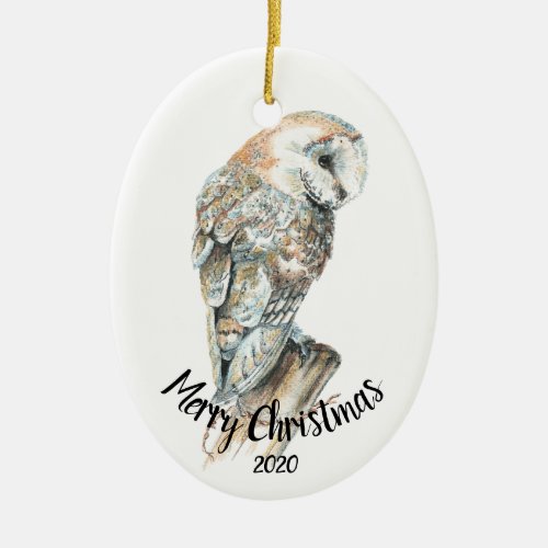 Watercolor Dated Barn Owl Bird Merry Christmas Ceramic Ornament