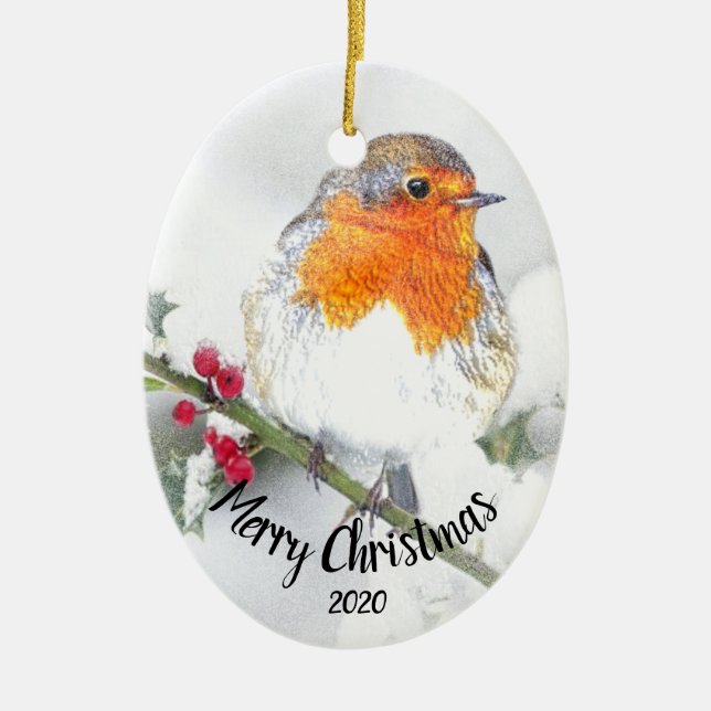 Watercolor Dated English Robin  Merry Christmas Ceramic Ornament (Front)