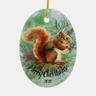 Watercolor Dated Squirrel Animal Merry Christmas Ceramic Ornament