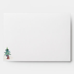 Watercolor Decorated Green Xmas Tree Red Baubles Envelope