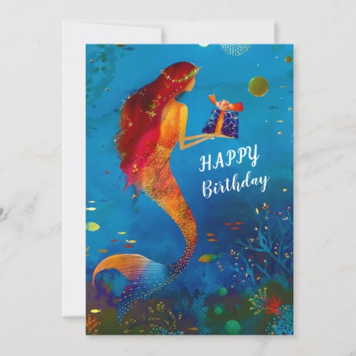 Watercolor Deep Blue Sea Glitter Mermaid Holiday Card