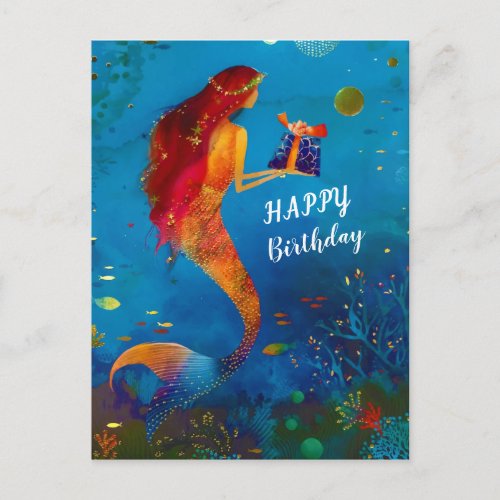 Watercolor Deep Blue Sea Glitter Mermaid Postcard