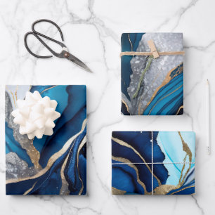 Watercolor Deep Blue, Silver and Gold Alcohol Ink Wrapping Paper Sheets