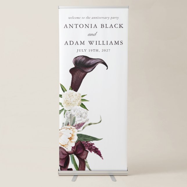 Watercolor Deep Cherry Plum Floral Wedding Retractable Banner (Front)