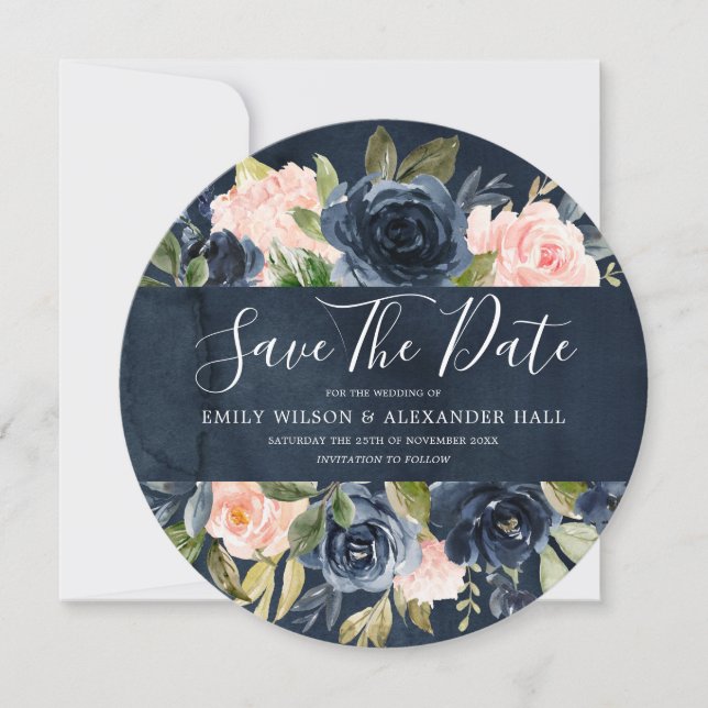 Watercolor Deep Navy Blush Floral Save The Date (Front)