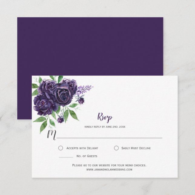 Watercolor Deep Purple Roses Greenery RSVP (Front/Back)
