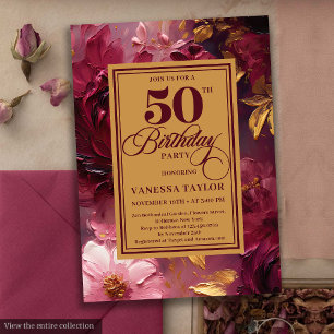 Watercolor deep red blush gold floral birthday invitation