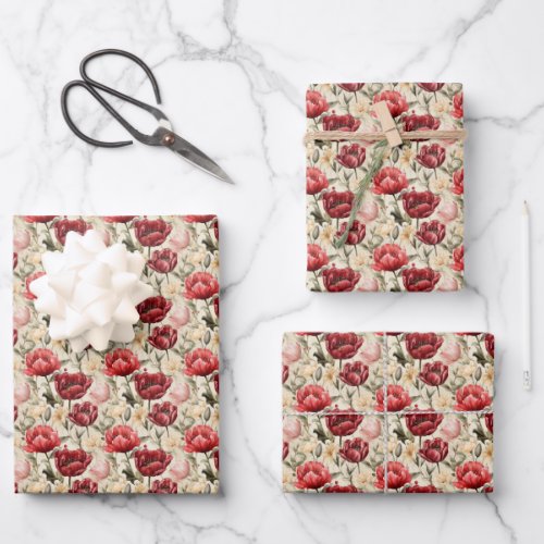 Watercolor deep red blush tulips narcissus spring  wrapping paper sheets