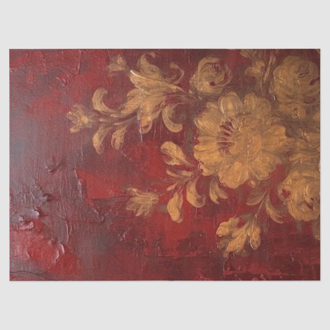 Watercolor deep red burgundy maroon gold flowers tissue paper (Front)
