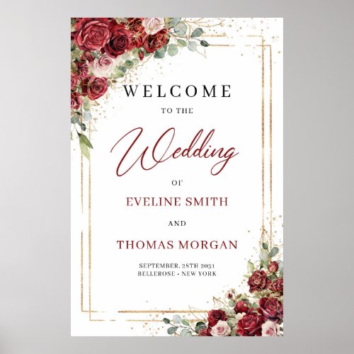 Watercolor deep red marsala roses wedding welcome poster