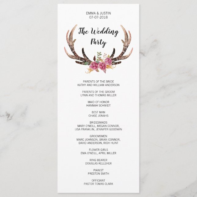 Watercolor Deer Antlers Bohemian Country Wedding Program (Front)