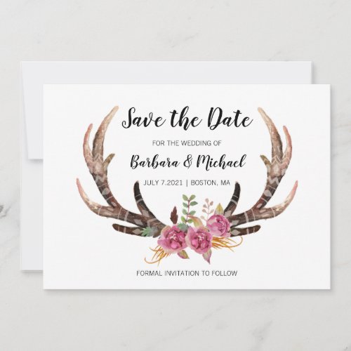 Watercolor Deer Antlers Bohemian Country Wedding Save The Date