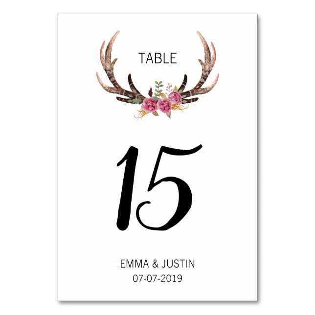 Watercolor Deer Antlers Bohemian Country Wedding Table Number (Front)