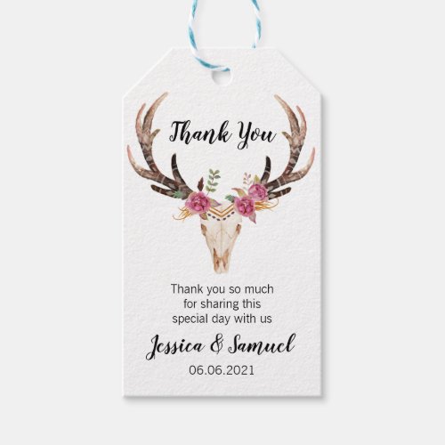 Watercolor Deer Antlers Bohemian Wedding Thank You Gift Tags