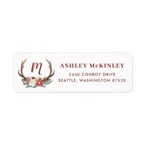 Watercolor Deer Antlers Holiday Florals Monogram Label