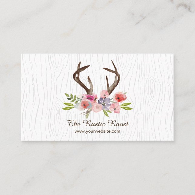 Watercolor Deer Antlers Wildflowers Faux Bois Business Card (Front)