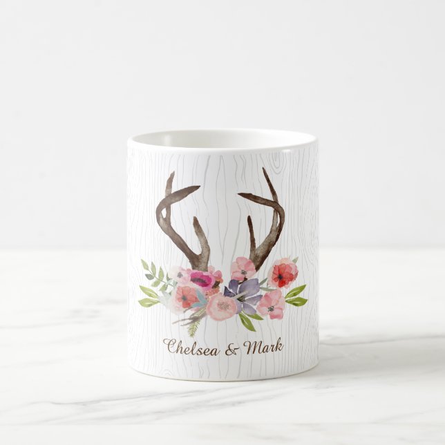 Watercolor Deer Antlers Wildflowers Faux Bois Coffee Mug (Center)
