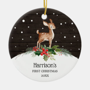 Watercolor Deer Baby's First Christmas Ceramic Ornament