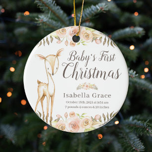 Watercolor Deer Baby's First Christmas Photo Ceramic Ornament