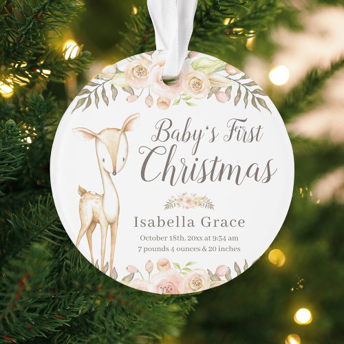 Watercolor Deer Babys First Christmas Photo Ornament