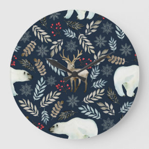 Watercolor Deer Bear Hand Drawn Large Clock