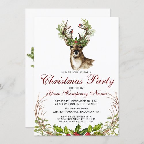 Watercolor Deer Birds Holly Berry Christmas Party Invitation