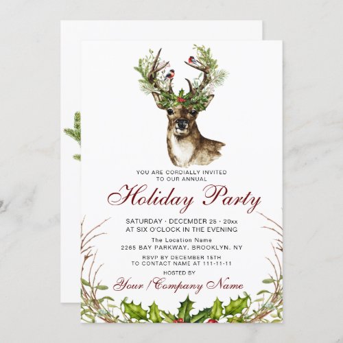 Watercolor Deer Birds Holly Berry Holiday Party Invitation