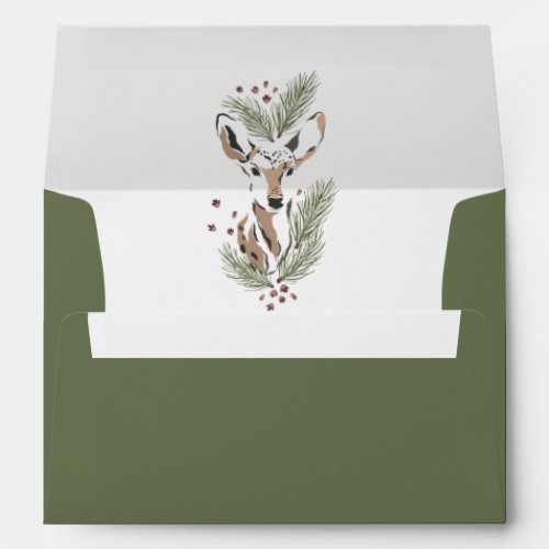 Watercolor Deer Christmas Holiday Green Envelope