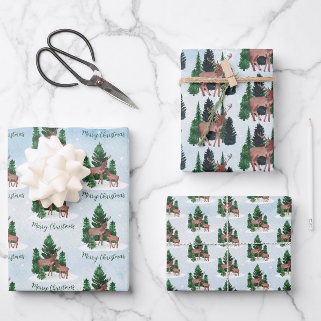 Watercolor Deer Christmas Wrapping Paper Sheets (Front)