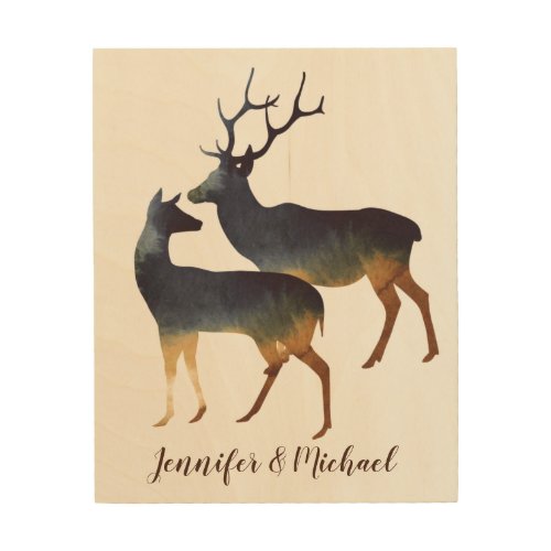 Watercolor Deer Couple with Names Wood Wall Art