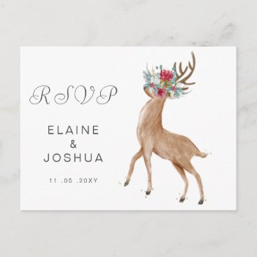 Watercolor Deer Floral Antler Rustic Wedding Rsvp Invitation Postcard