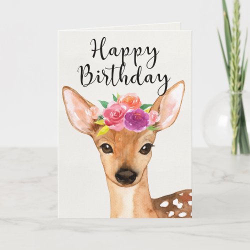 Watercolor Deer  Flowers _ Happy Birthday Card