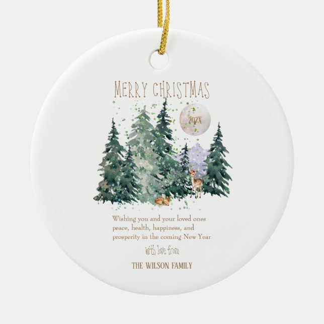 Watercolor Deer Forest  Ceramic Ornament (Front)