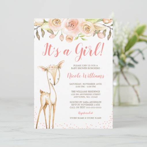 Watercolor Deer Girl Baby Shower Invitations | Zazzle