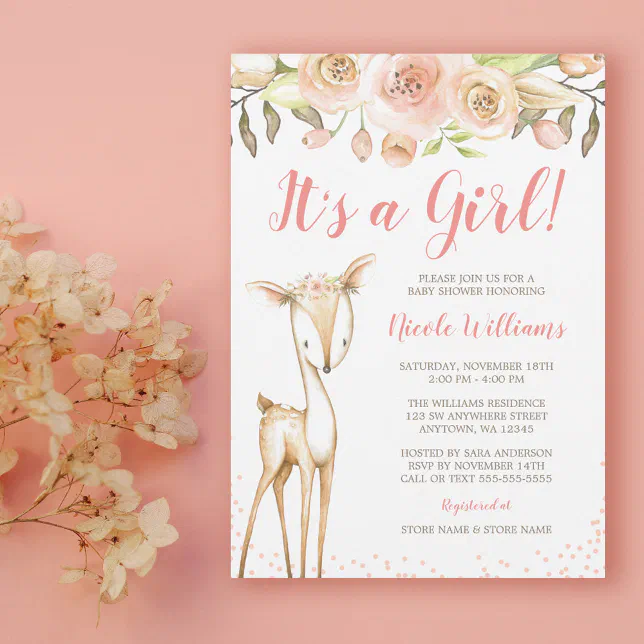 Watercolor Deer Girl Baby Shower Invitations | Zazzle