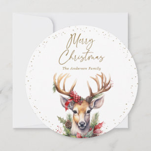 Watercolor Deer Gold Snowy Merry Christmas Holiday Card
