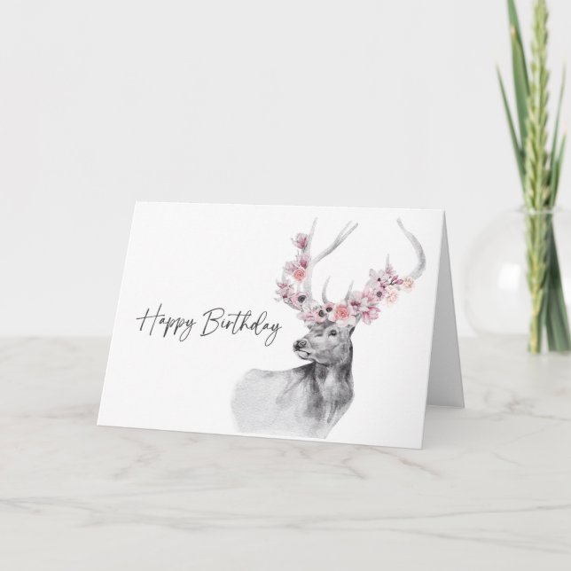 Watercolor Deer Happy Birthday Greeting Card (Front)