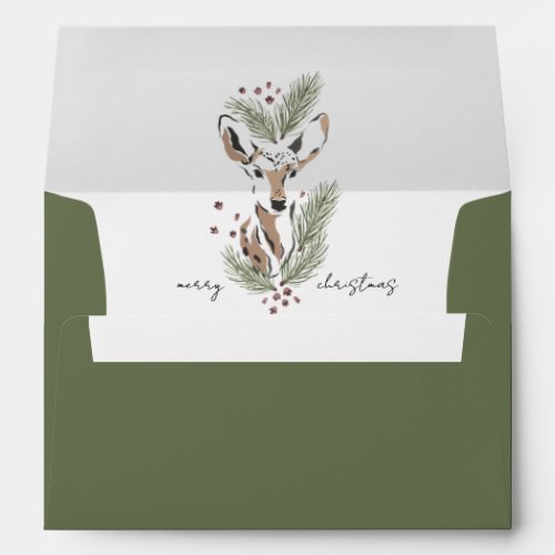 Watercolor Deer Holiday Pine Boughs Green Envelope