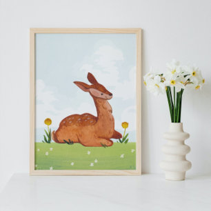 Watercolor Deer in a Meadow Nursery Poster