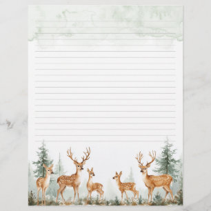 Watercolor Deer in Forest Lined Stationery Paper