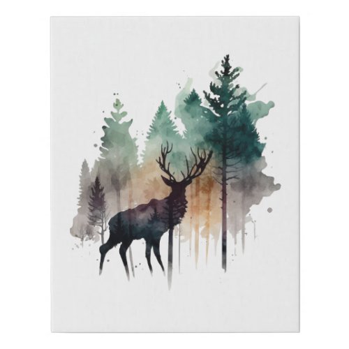 Watercolor Deer in Forest Trees Nature  Faux Canvas Print